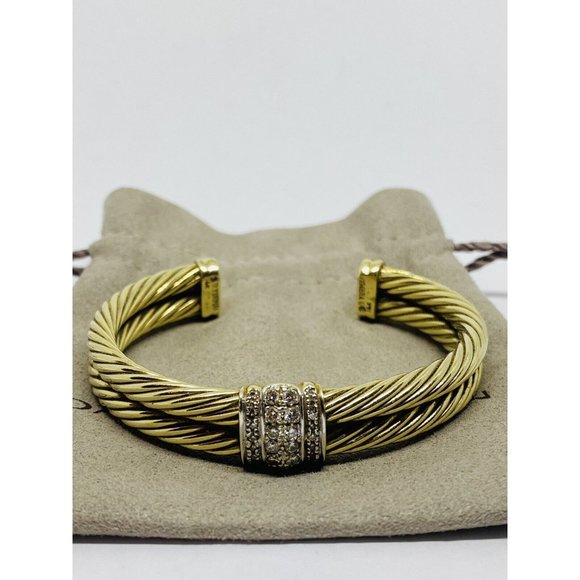 David Yurman Solid 14k Yellow Gold Double Cable Cuff Diamond Bracelet 6.5'' - Picture 1 of 10